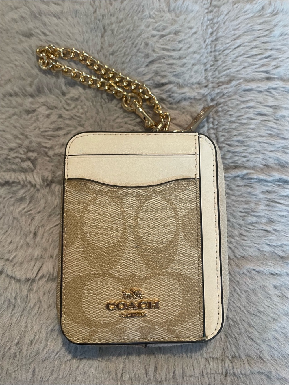 Coach Zip Beige and White Signature Card Case with Gold Chain
